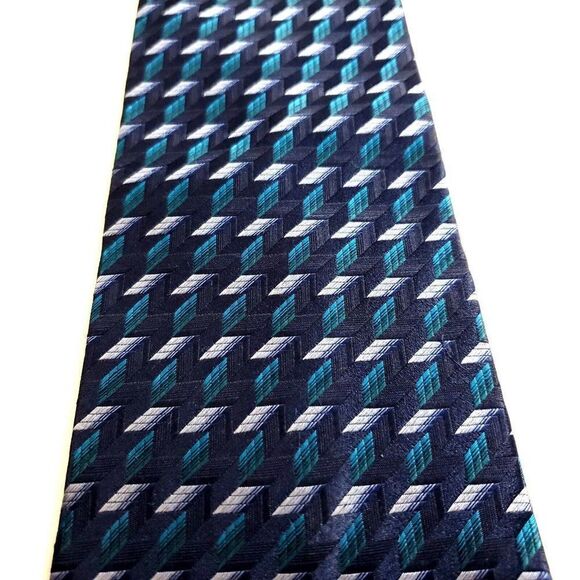 Van Heusen Woven Blue Teal Geometric Wide Silk Tie‎ - Picture 2 of 6